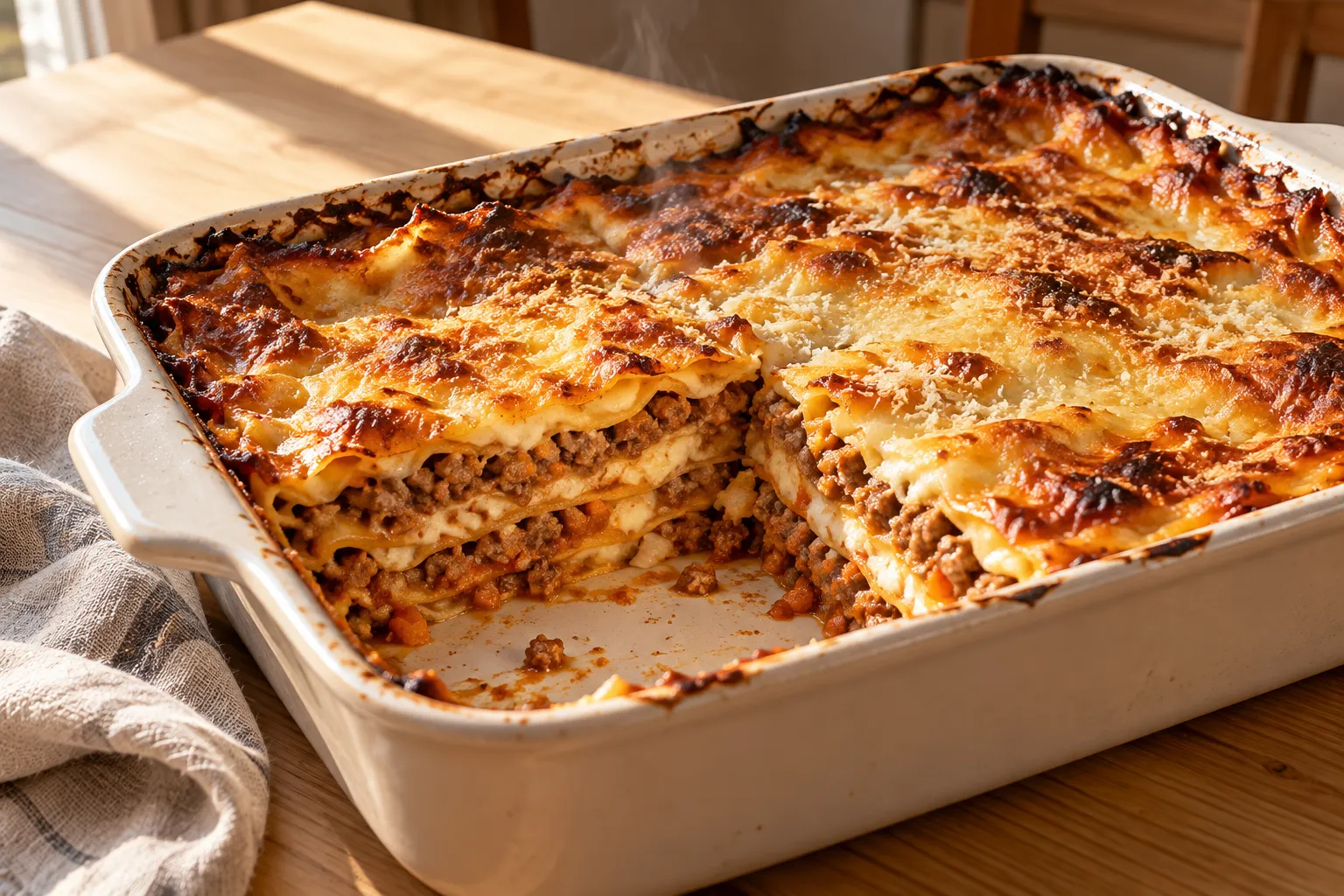 Perinteinen italialainen lasagne valkoisessa uunivuoassa, kullanruskea juustopinta ja näkyvät kerrokset lihara­gùta, pastaa ja béchamelkastiketta