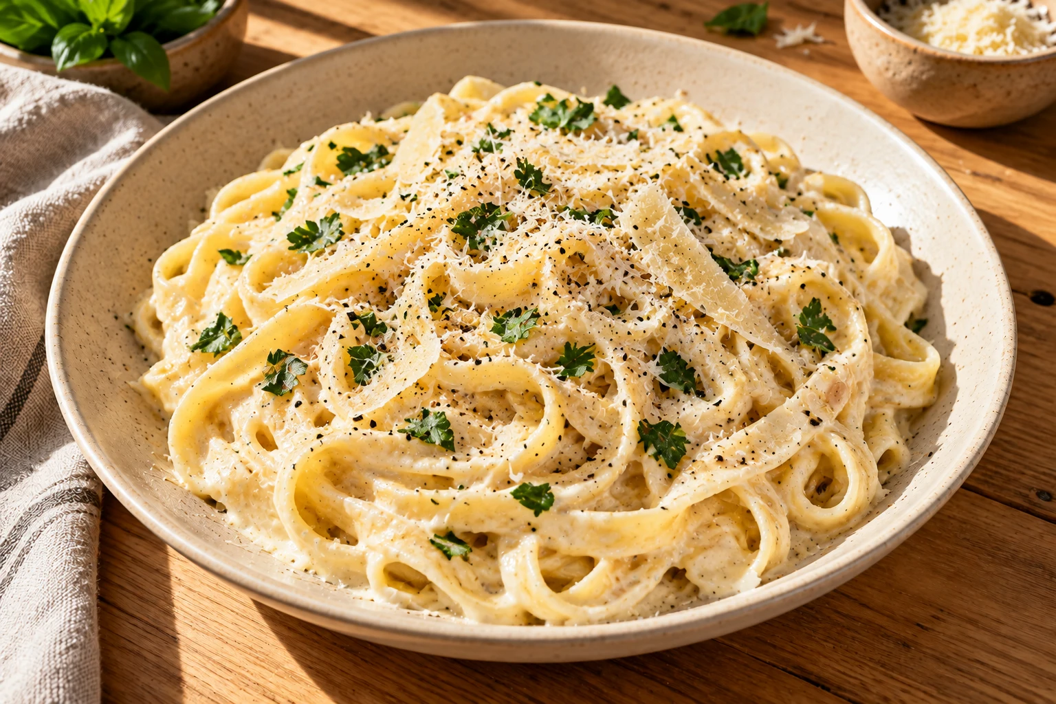 Kermainen Alfredo pasta vaalealla keraamisella lautasella, leveää fettuccinepastaa silkkisessä parmesaanikastikkeessa, päällä juustoraastetta, persiljaa ja mustapippuria