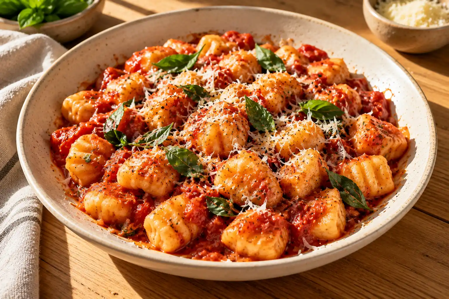 Kotitekoisia haarukalla uurrettuja perunagnoccheja täyteläisessä punaisessa tomaattikastikkeessa, päällä parmesaaniraastetta ja tuoretta basilikaa