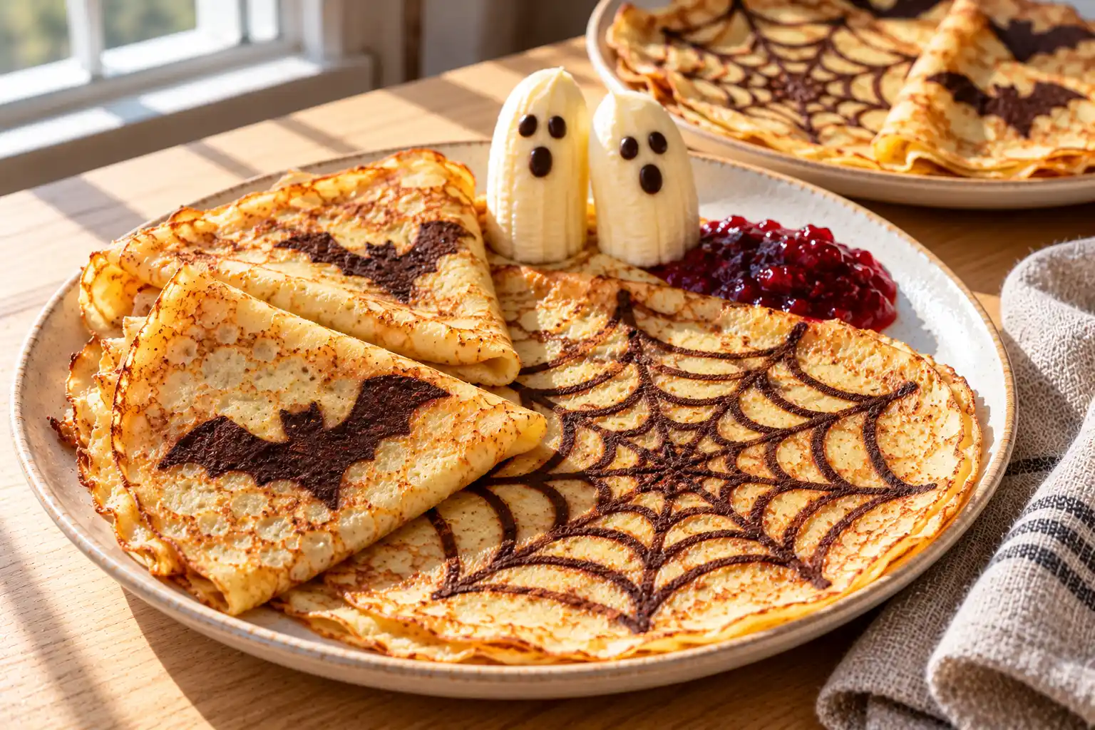 Ohuet kullanruskeat halloween-letut tummilla kaakaohämähäkinseiteillä, banaanista tehdyt haamut suklaasilmineen ja punainen vadelmahillo