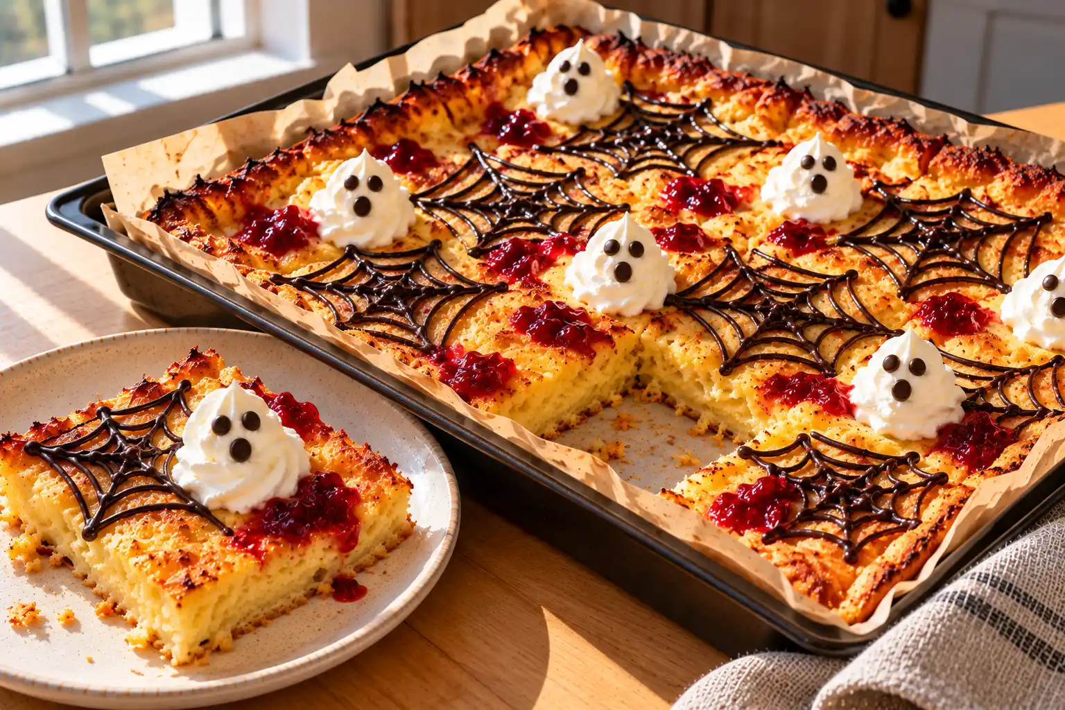 Uunissa paistettu kullanruskea halloween-pannukakku, jonka pinnalla on tummia suklaahämähäkinseittejä, valkoisia kermavaahtohaamuja ja punaista vadelmahilloa