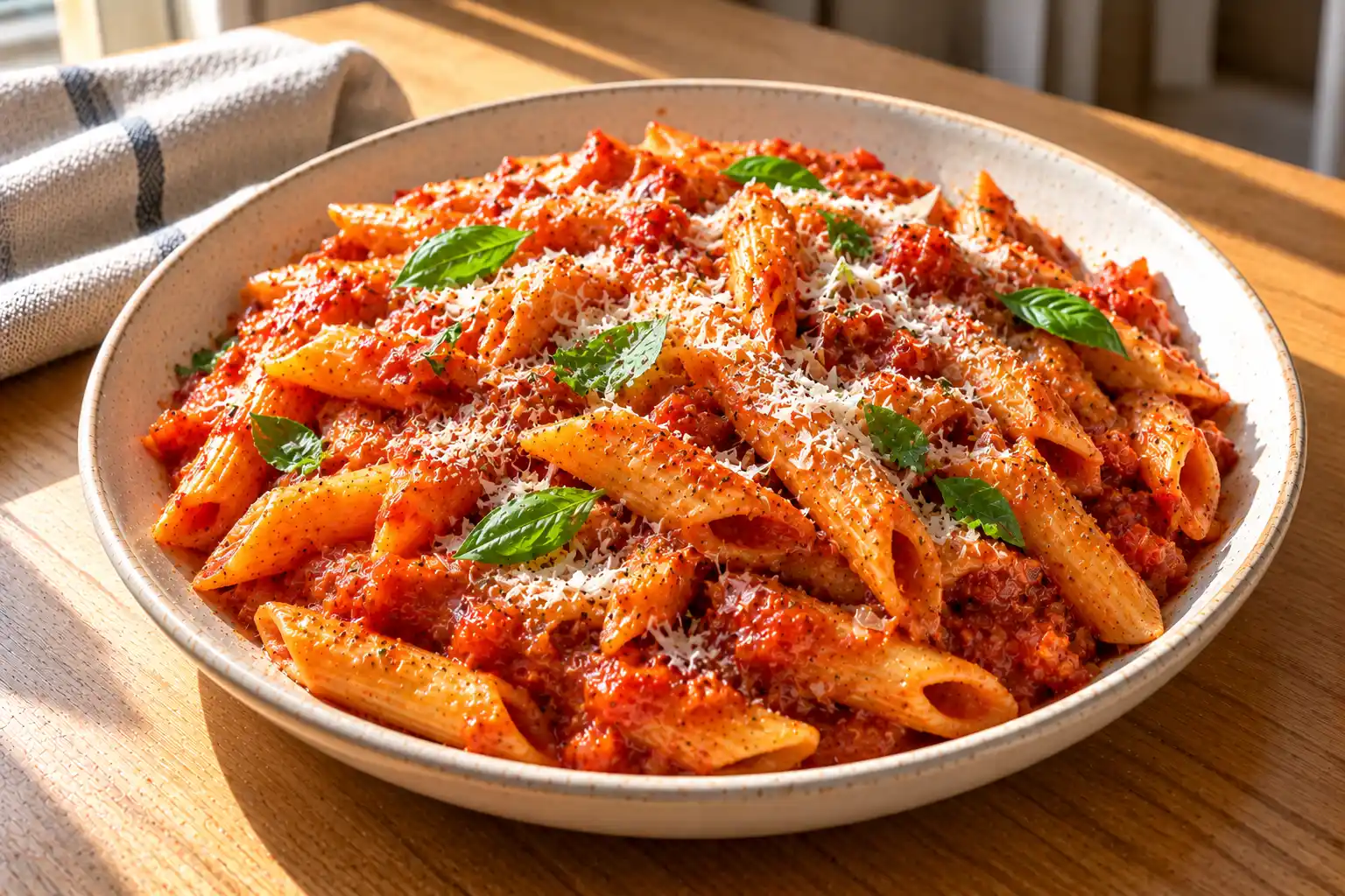 Helppo tomaattipasta, jossa pennepasta on peittynyt punaiseen tomaattikastikkeeseen ja pinnalla on parmesaaniraastetta sekä tuoreita basilikanlehtiä