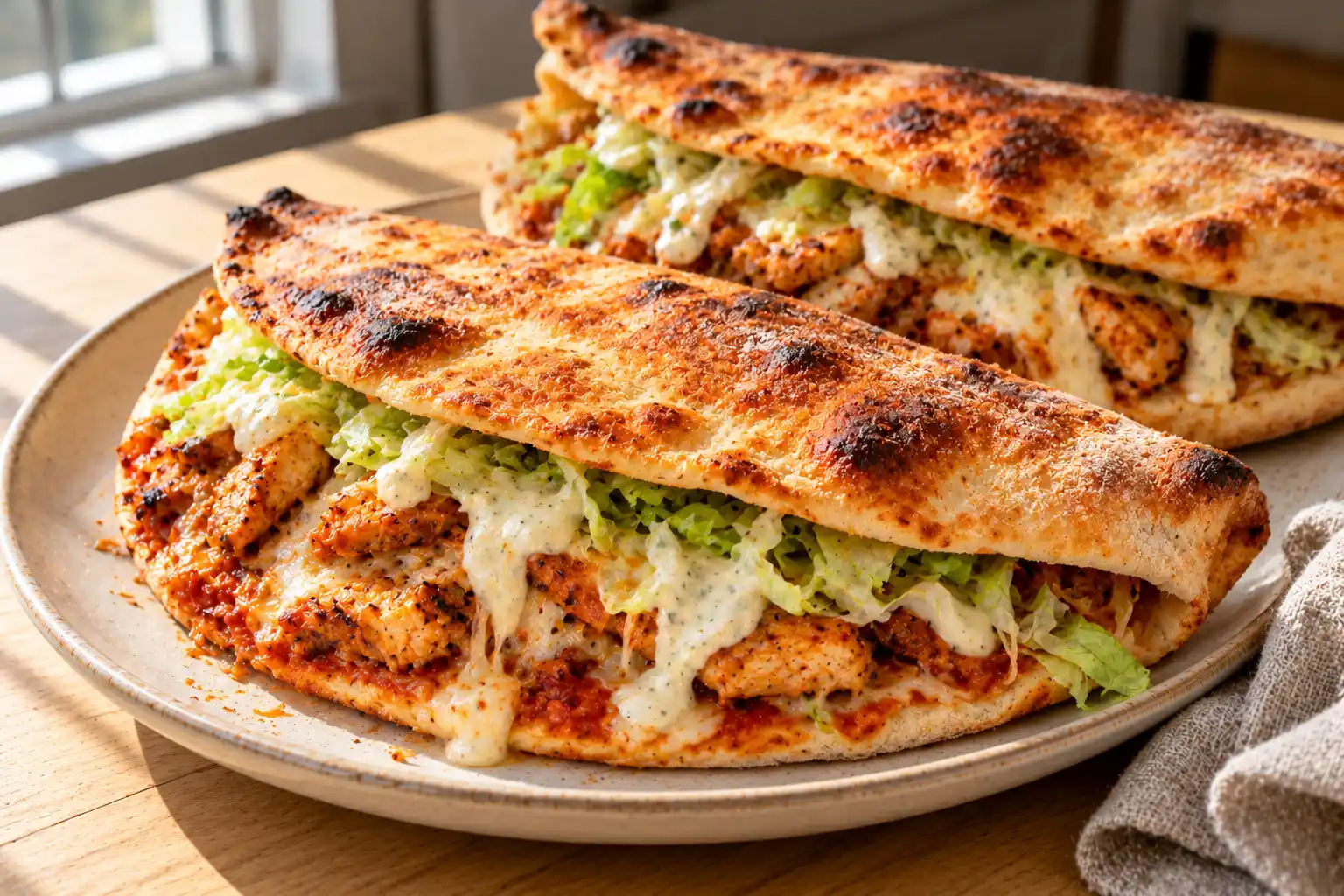 Puoliksi taitettu kana kotzone vaalealla lautasella, rapea kullanruskea pizzapohja, mausteista kanaa, sulanutta juustoa, jäävuorisalaattia ja valkosipulikastiketta