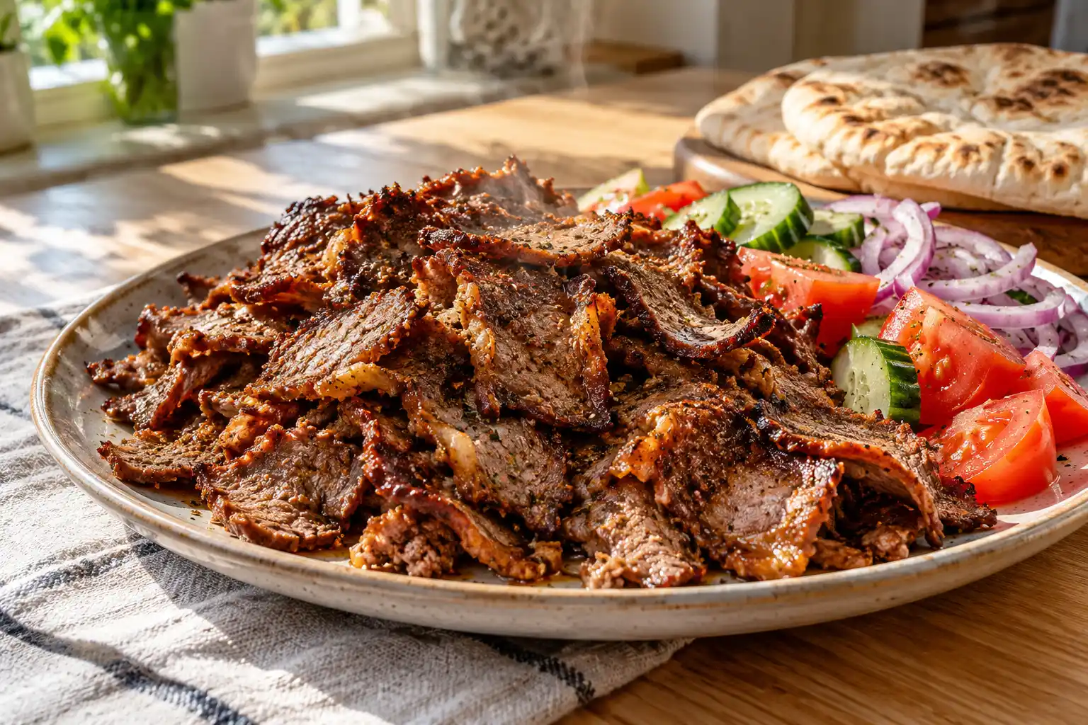 Ohuiksi leikattua ja pannulla ruskistettua kotitekoista kebablihaa tarjoilulautasella