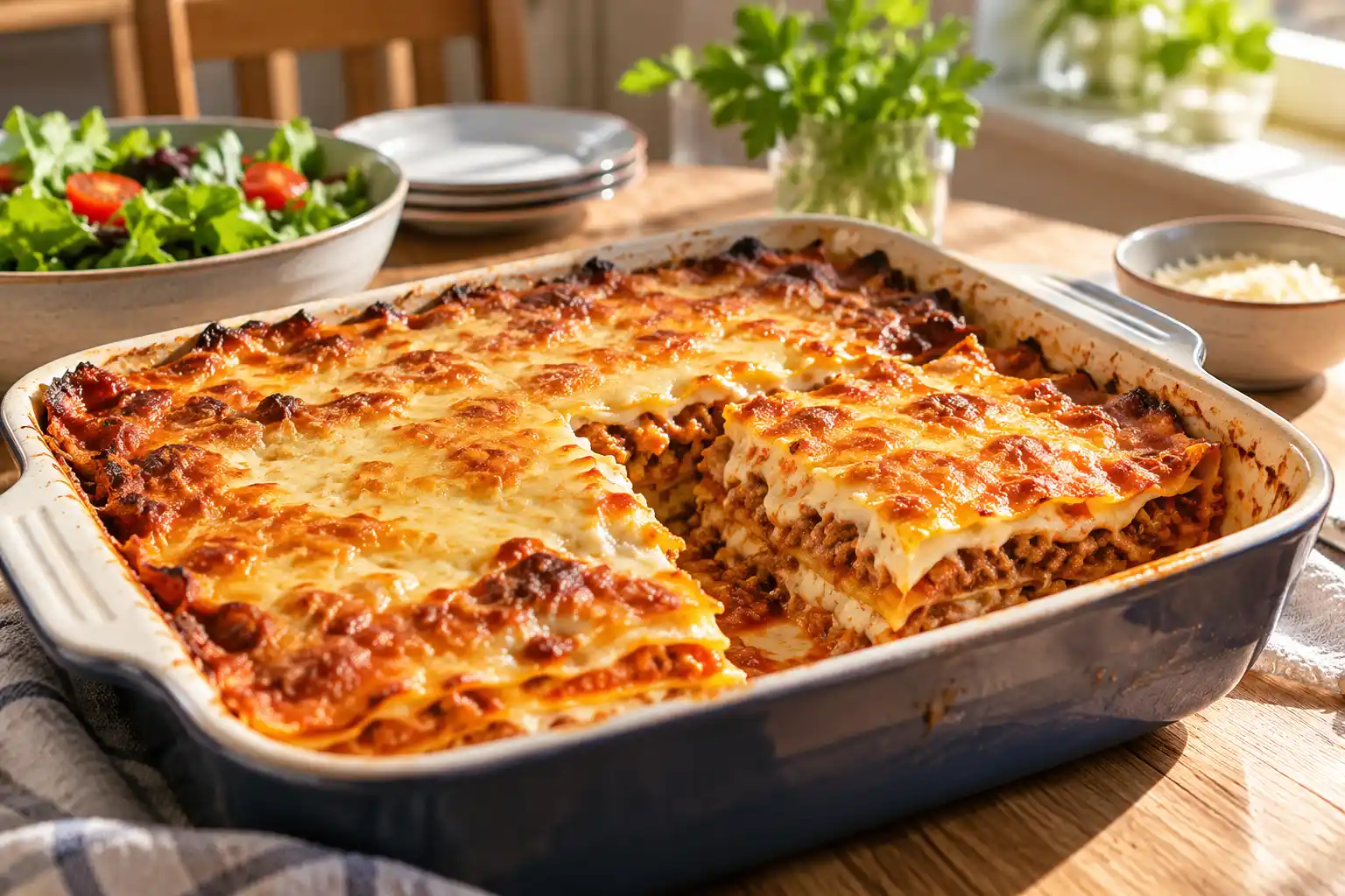 Mehevä Koskenlaskija-lasagne jauhelihatäytteellä ja kullanruskealla juustopinnalla