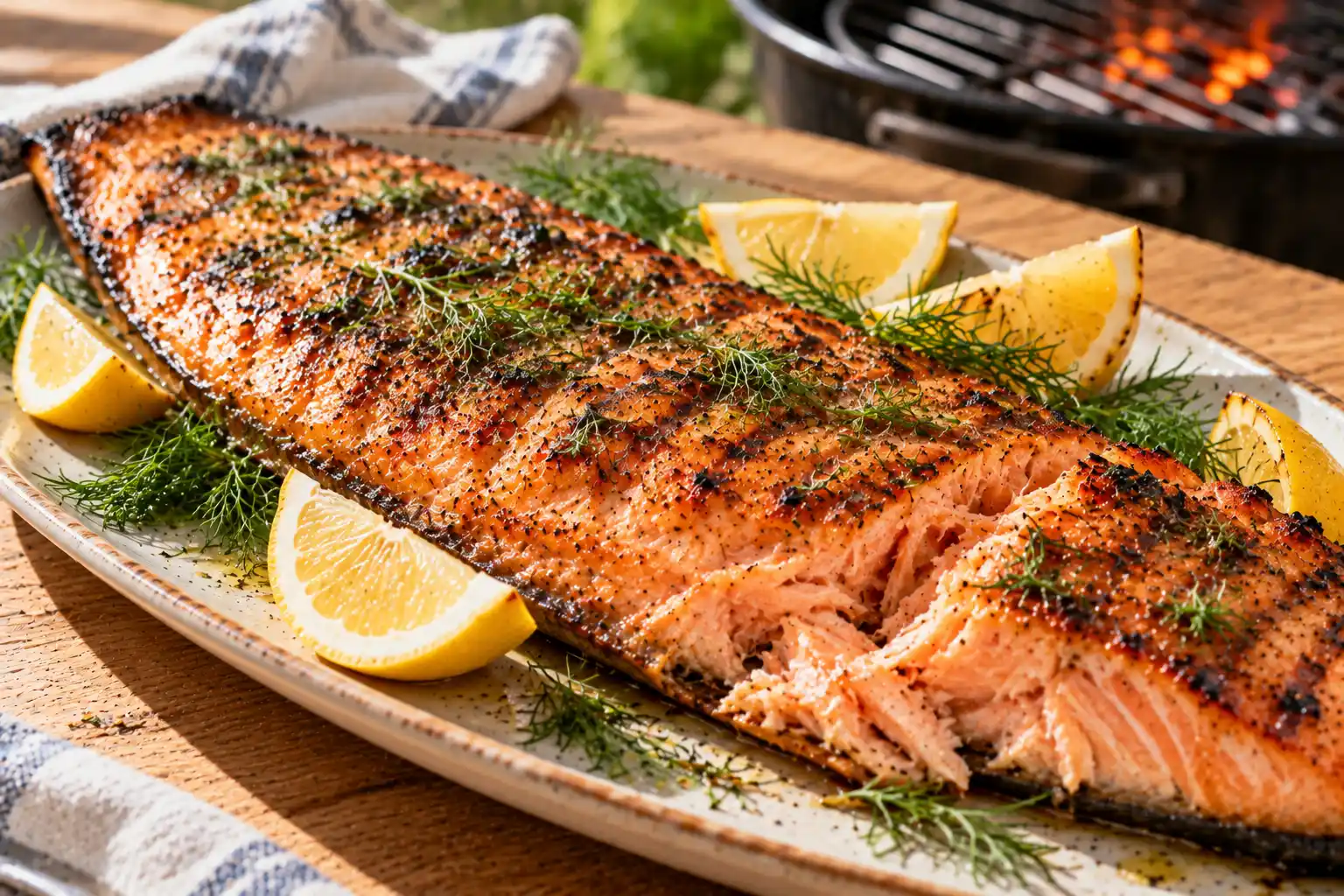Mehevä grillattu lohifilee rapeaksi paahtuneella nahalla, sitruunalla ja tuoreella tillillä