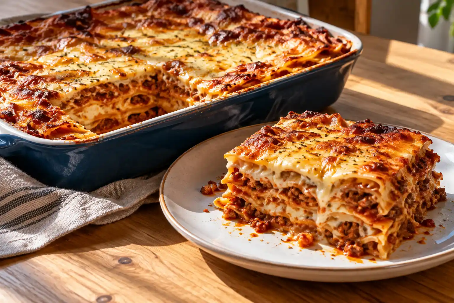 Mehevä kerroksittainen lasagne kullanruskealla juustopinnalla vaalealla puupöydällä