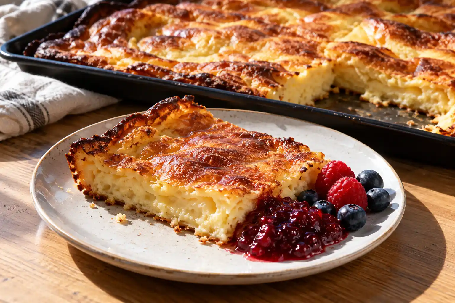 Mehevä suomalainen pannukakku kullanruskealla pinnalla leikattuna suorakaiteen muotoisiksi paloiksi