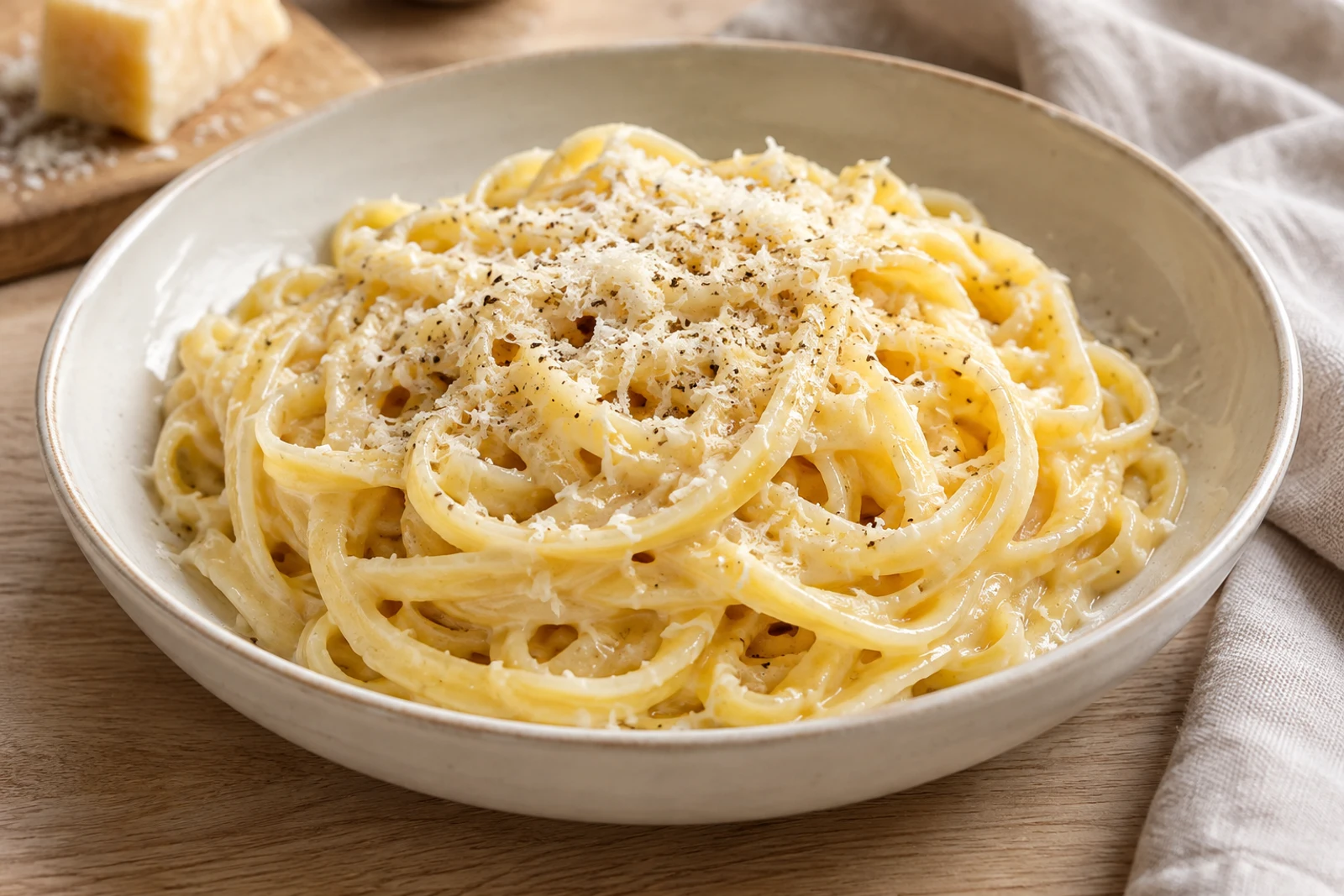 Pasta Alfredo kiiltävällä voi-parmesaanikastikkeella ja vastaraastetulla parmesaanilla