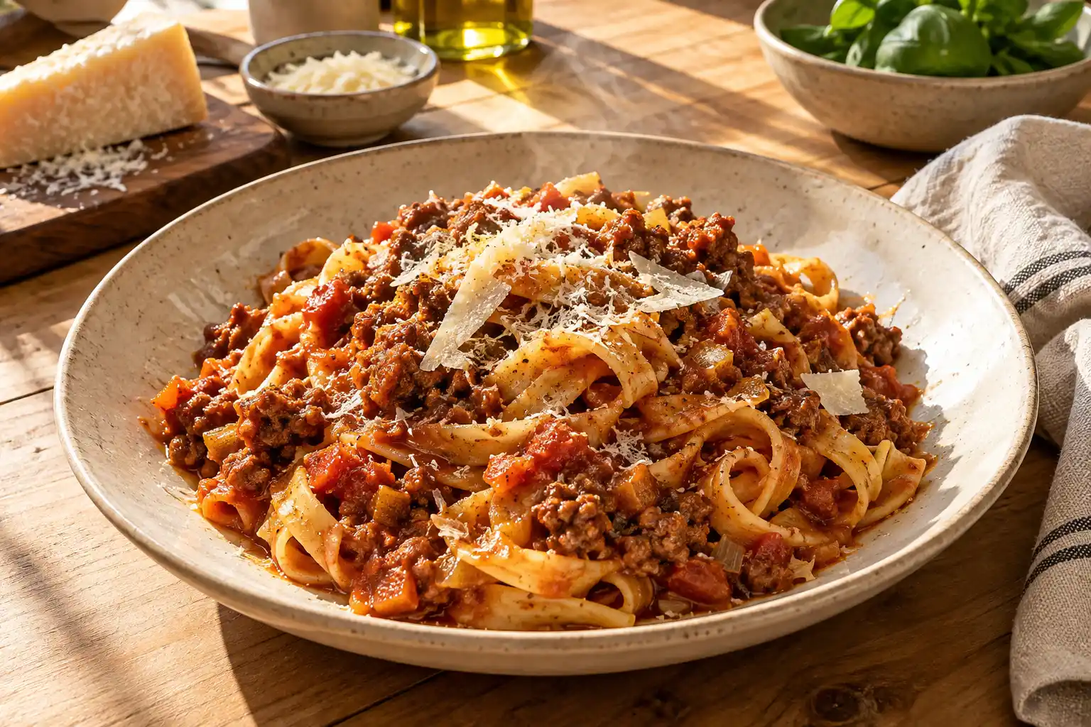 Italialainen pasta bolognese vaalealla keraamisella lautasella, leveää tagliatellepastaa, täyteläistä tomaattista jauhelihakastiketta ja parmesaaniraastetta