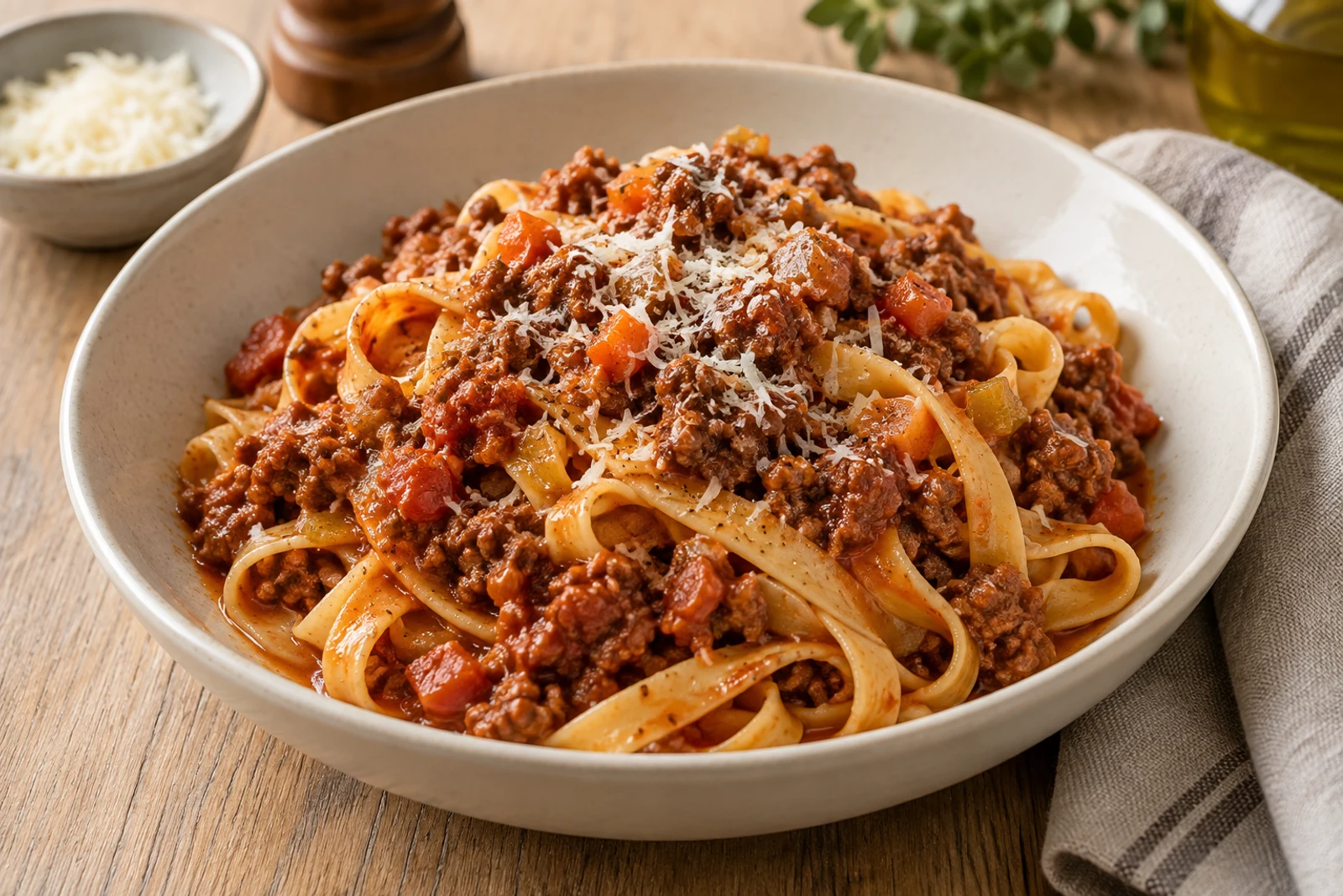 Pasta bolognese tagliatellesta ja mehevästä tomaattisesta jauhelihakastikkeesta