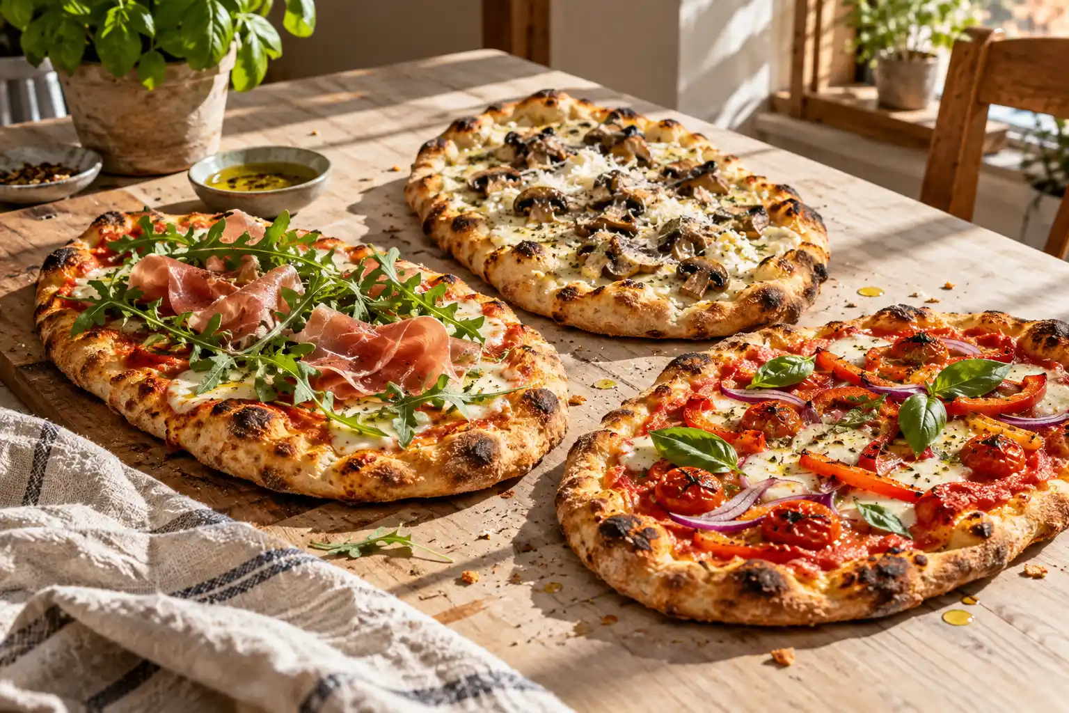 Kolme rapeaa pinsaa erilaisilla mozzarella-, kinkku-, sieni- ja kasvistäytteillä