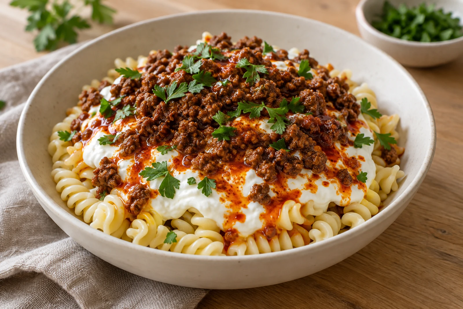 Turkkilainen pasta mausteisella jauhelihalla, valkosipulijogurtilla ja punertavalla paprikavoilla